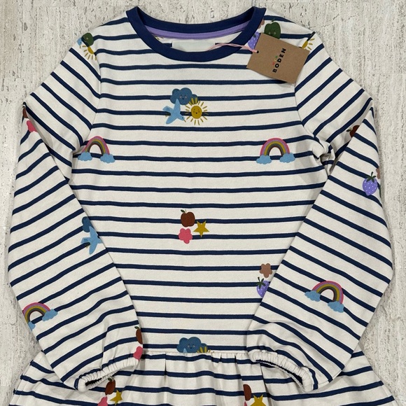 NWT Mini Boden Stripe Rainbow Clouds Sweatshirt Dress, Size 9-10 - Picture 2 of 9